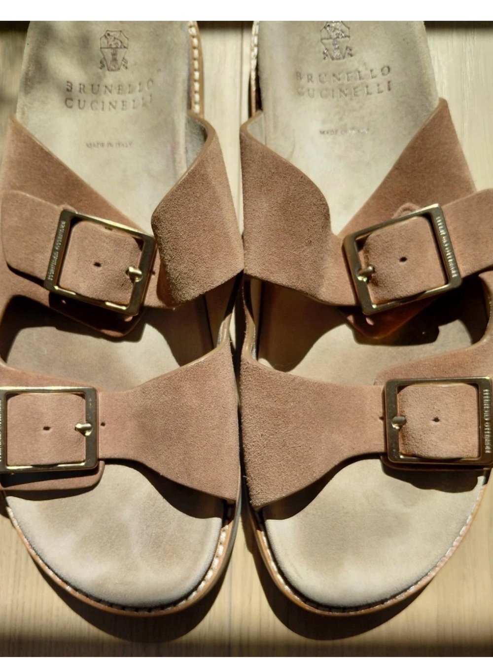 Brunello Cucinelli Taupe Suede Double-Buckle Slide Sandals - Picture 3 of 8